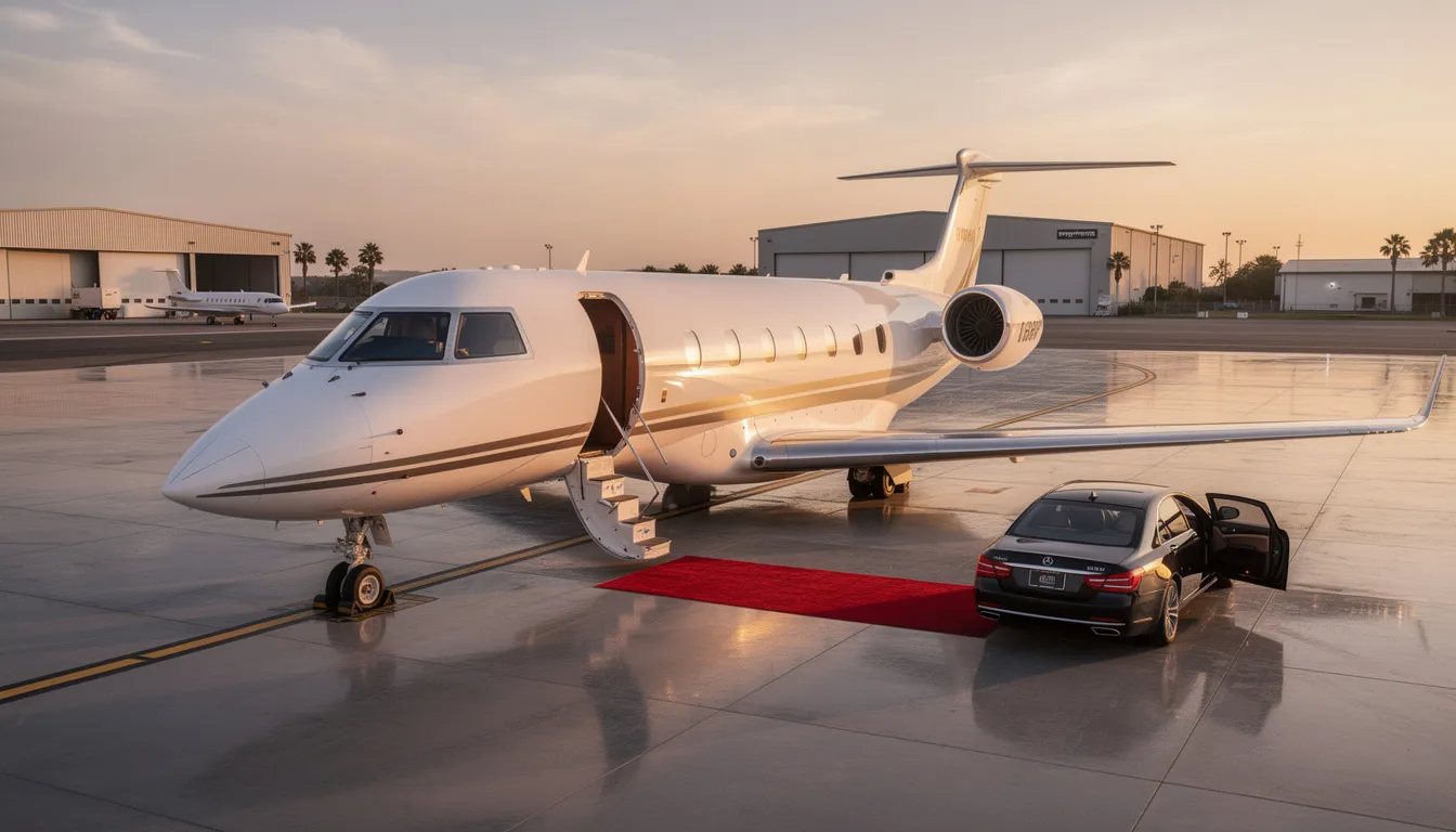 The image depicts a sleek private jet on the tarmac, showcasing the luxury and convenience of private aviation. It highlights the benefits of private jet travel, including personalized service and in-flight amenities, while emphasizing the various private jet charter options available for travelers.