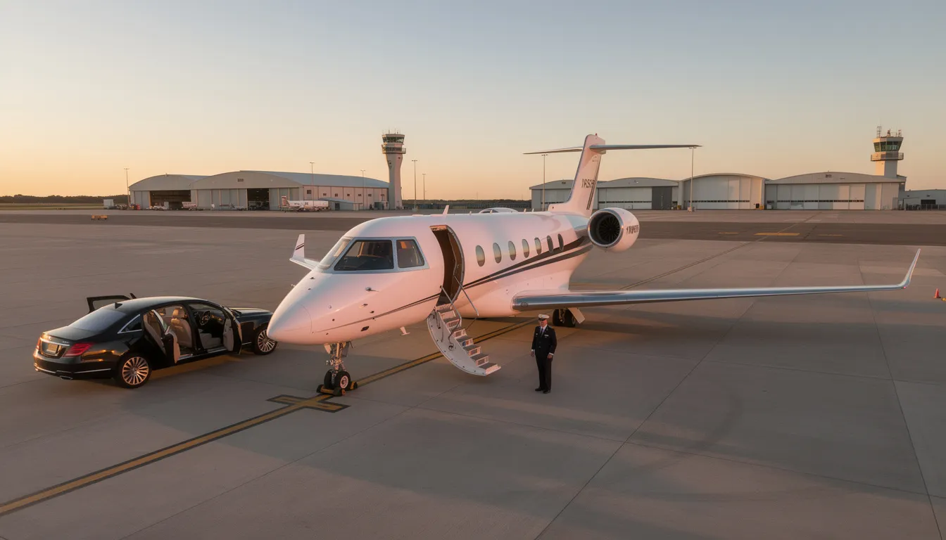 The image depicts a sleek private jet on the tarmac, showcasing the luxury and convenience of private aviation. It highlights the benefits of private jet travel, including personalized service and in-flight amenities, while emphasizing the various private jet charter options available for travelers.