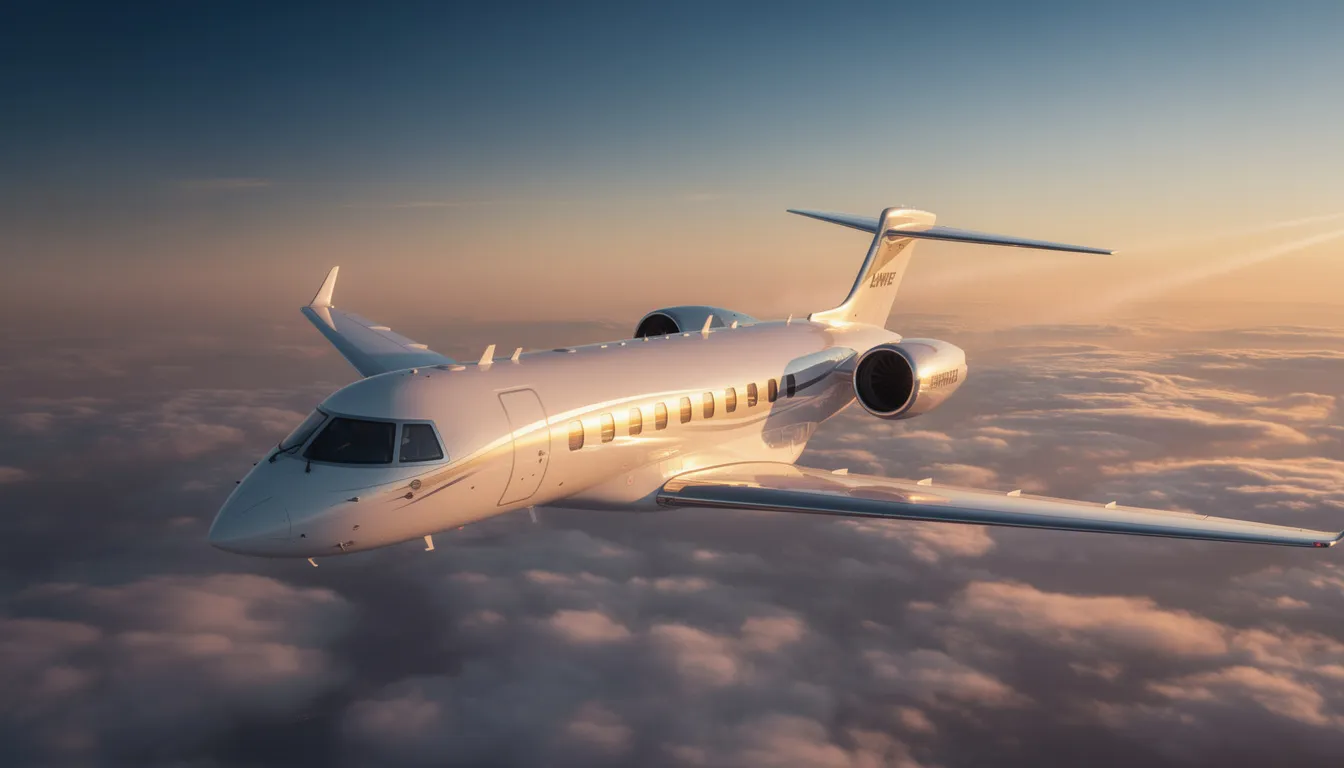 The image depicts a sleek, modern private jet parked on a tarmac, showcasing the luxurious design typical of private aviation services. This aircraft represents the aspirational consumer lifestyle, providing access to exclusive travel experiences for its passengers.