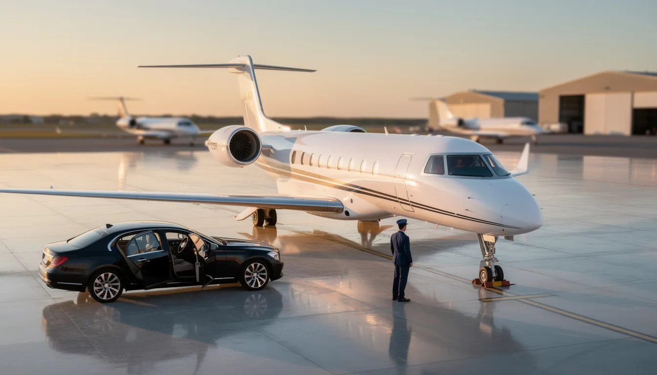The image depicts a luxurious private jet on a runway, symbolizing the high-end private aviation services offered by companies like Wheels Up Partners LLC. The sleek aircraft, ready for takeoff, represents the aspirational consumer lifestyle associated with private travel and exclusive experiences.