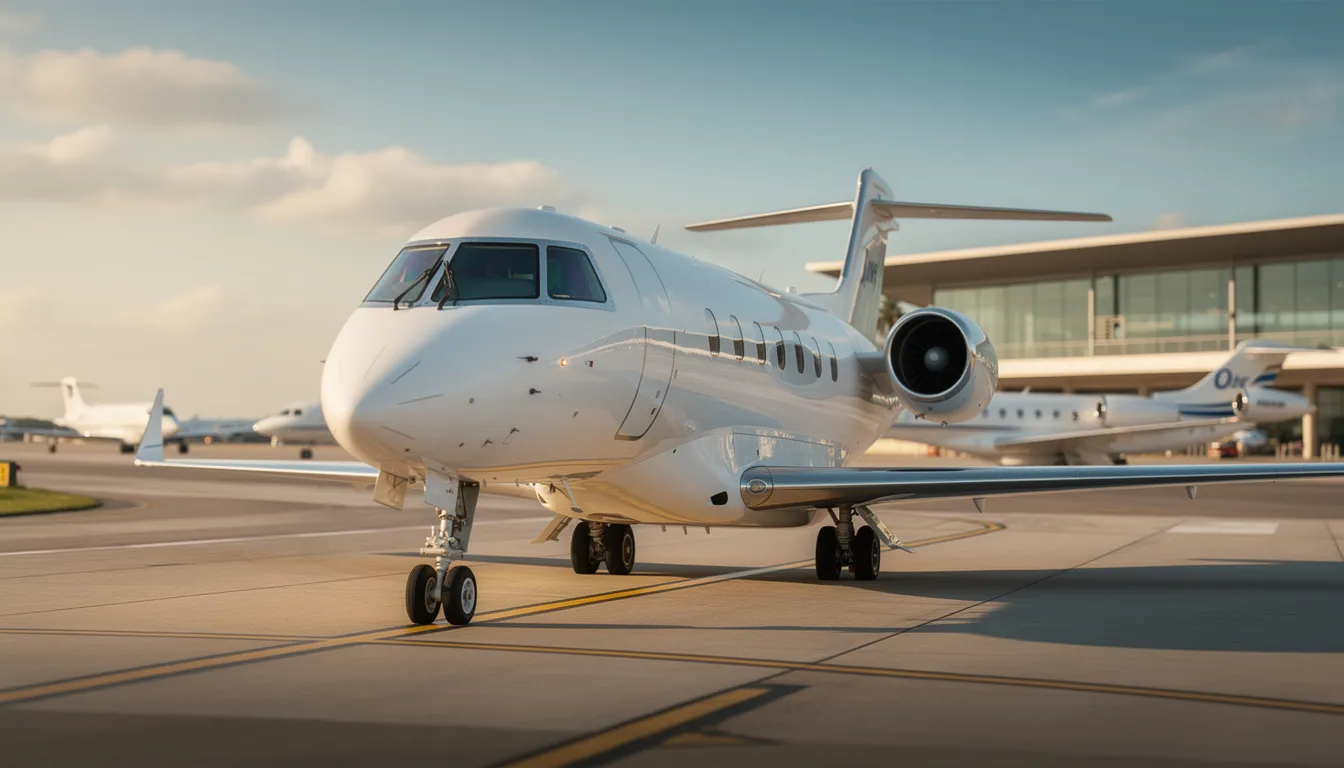 The image depicts a sleek Cessna Citation jet parked at a private airport, symbolizing the luxury and convenience of private aviation. The scene conveys a sense of exclusivity and comfort, appealing to clients seeking efficient travel options through jet card programs and fractional ownership.