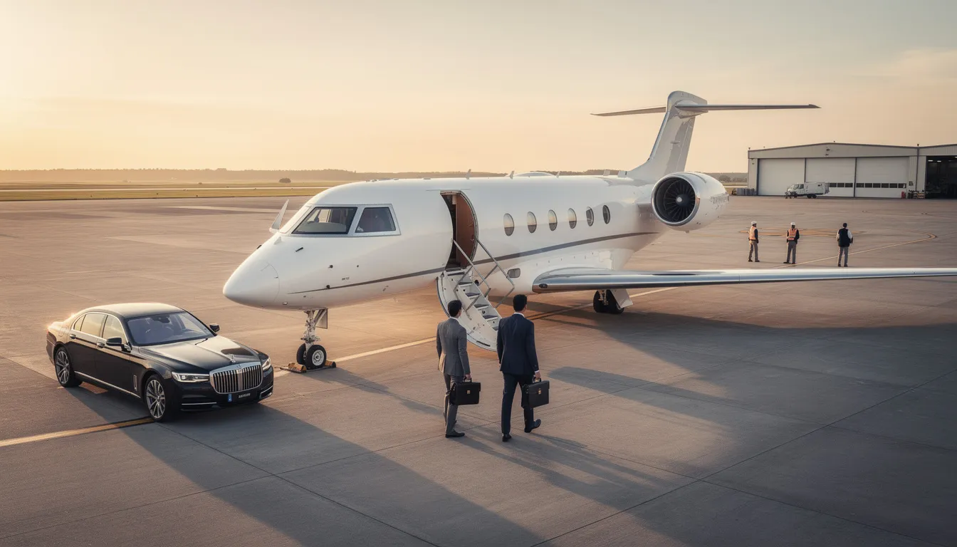 The image showcases a sleek large cabin jet parked on a private tarmac, symbolizing the luxury and convenience of the leading private aviation company, Sentient Jet. This scene highlights the intelligent private aviation solutions offered, including guaranteed availability and exclusive benefits for jet card owners.