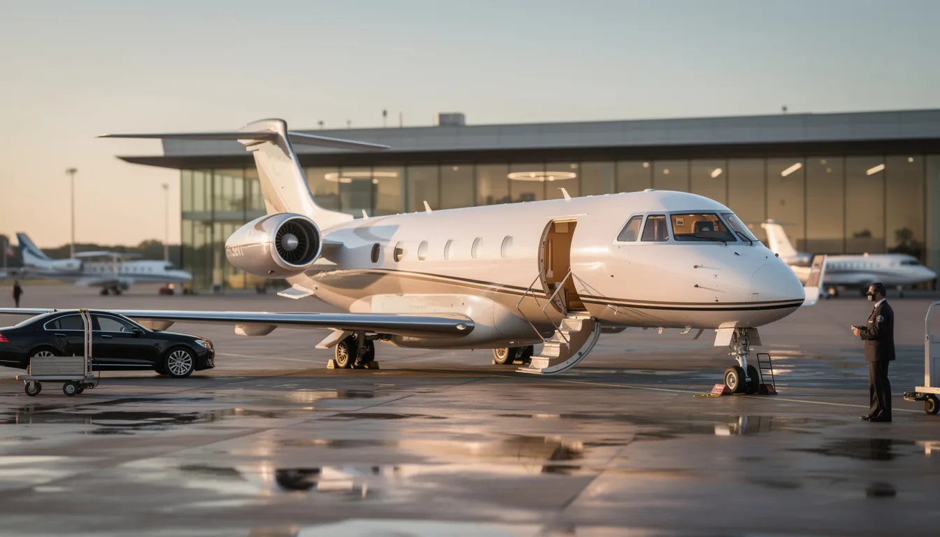 An image depicting a luxurious private jet on a runway, symbolizing the essence of private aviation and the services offered by a genuine full-service aviation management company. The setting emphasizes the streamlined operations and tangible value that clients can expect when choosing jet access for their travel needs.