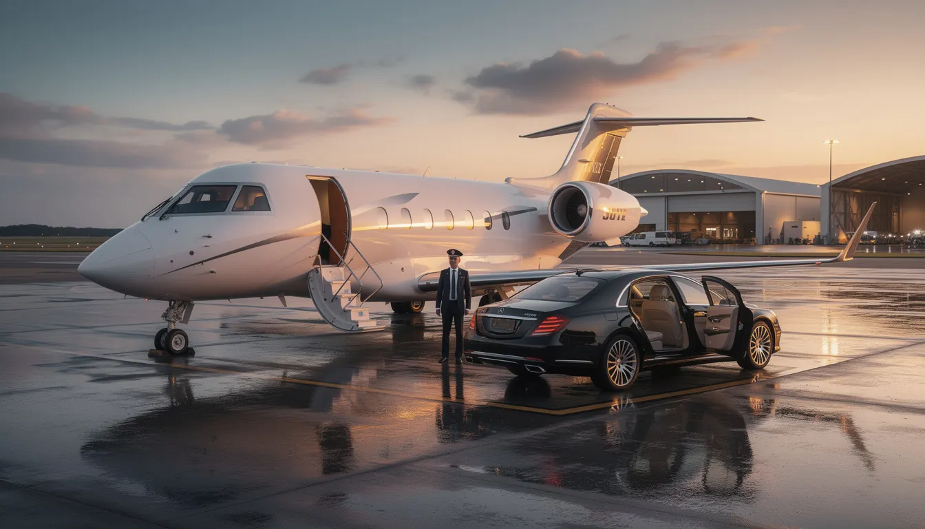 The image depicts a sleek private aircraft parked on a runway, symbolizing the luxury of aircraft ownership. It showcases the benefits of private aviation, including the convenience for passengers and the ease of scheduling flights for business meetings, all while highlighting the operational aspects such as maintenance and expenses.