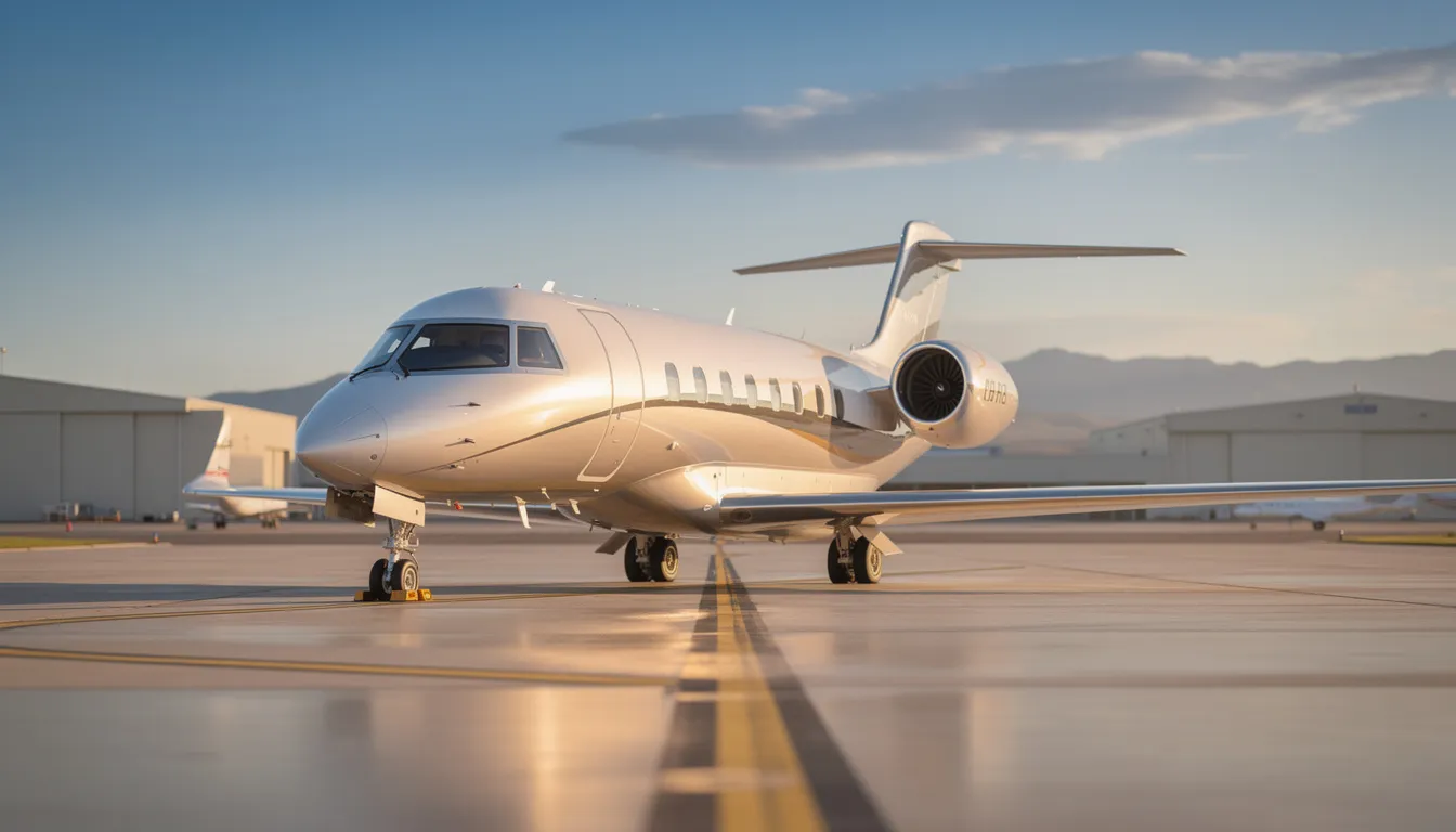 The image depicts a sleek private jet parked on a tarmac, symbolizing the luxury and convenience of aircraft ownership for business professionals. It highlights the benefits of private flight, offering a sense of freedom and flexibility for passengers while managing operations and expenses efficiently.