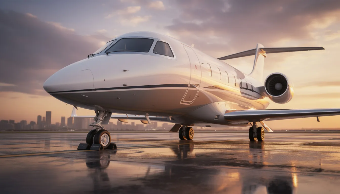 The image depicts a sleek private jet parked on a tarmac, showcasing the luxury and exclusivity of private aviation. This aircraft symbolizes the high standards of service and customer satisfaction that netjets owners and charter jet clients expect in the competitive private flight industry.