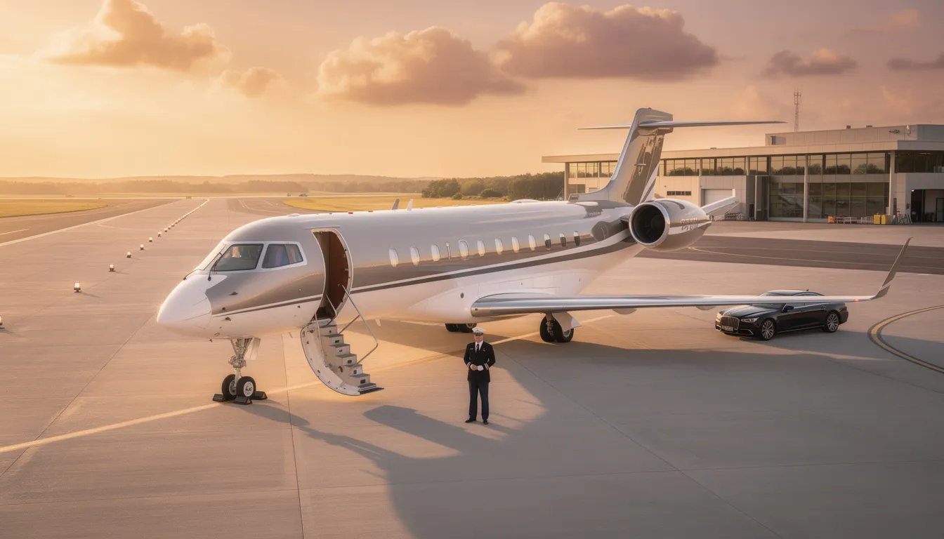 The image depicts a luxurious private jet parked at an exclusive airport, highlighting the convenience and elegance of private aviation. It showcases the sleek design of the aircraft, emphasizing the benefits of private flights for passengers seeking flexibility and comfort in their travel journeys.