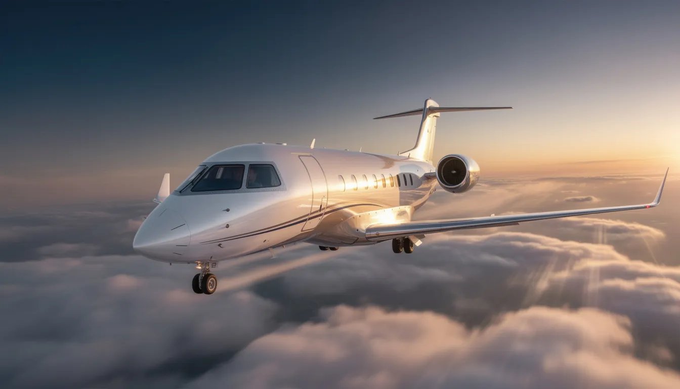 The image depicts a sleek private jet parked at an airport, showcasing the luxury and convenience of private aviation. This private aircraft offers a comfortable travel experience for passengers, making it an ideal choice for those seeking flexible flight plans and exclusive destinations.