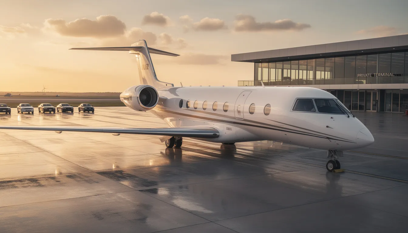 The image depicts a luxurious private jet parked at a smaller airport, showcasing the elegance of private aviation. This mode of travel offers discerning travelers a premium experience, unlike commercial airlines, with fewer passengers and the ability to customize routes for private flights.
