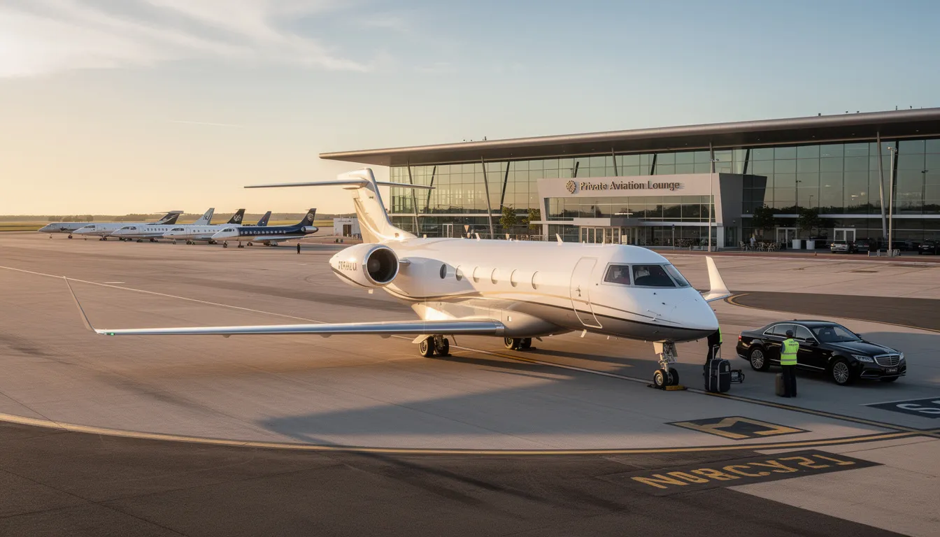 The image depicts a luxurious private jet parked at a smaller airport, showcasing the elegance of private aviation. This mode of travel offers discerning travelers a premium experience, unlike commercial airlines, with fewer passengers and the ability to customize routes for private flights.