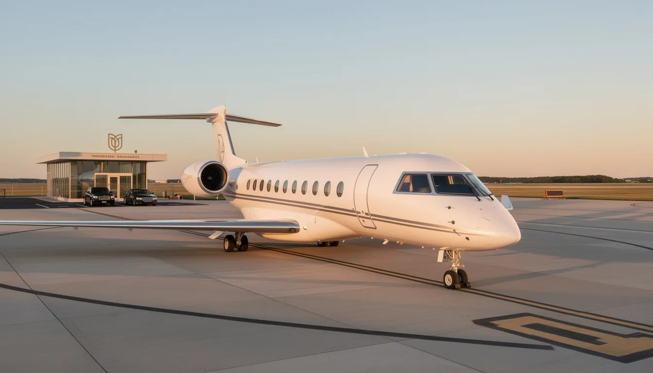 The image depicts a luxurious private jet parked at a sleek airport terminal, symbolizing the world of private aviation. This scene highlights the convenience of private jet programs, showcasing the exclusive access and comfort that notable jet card providers, like Marquis Jet, offer to their clients.