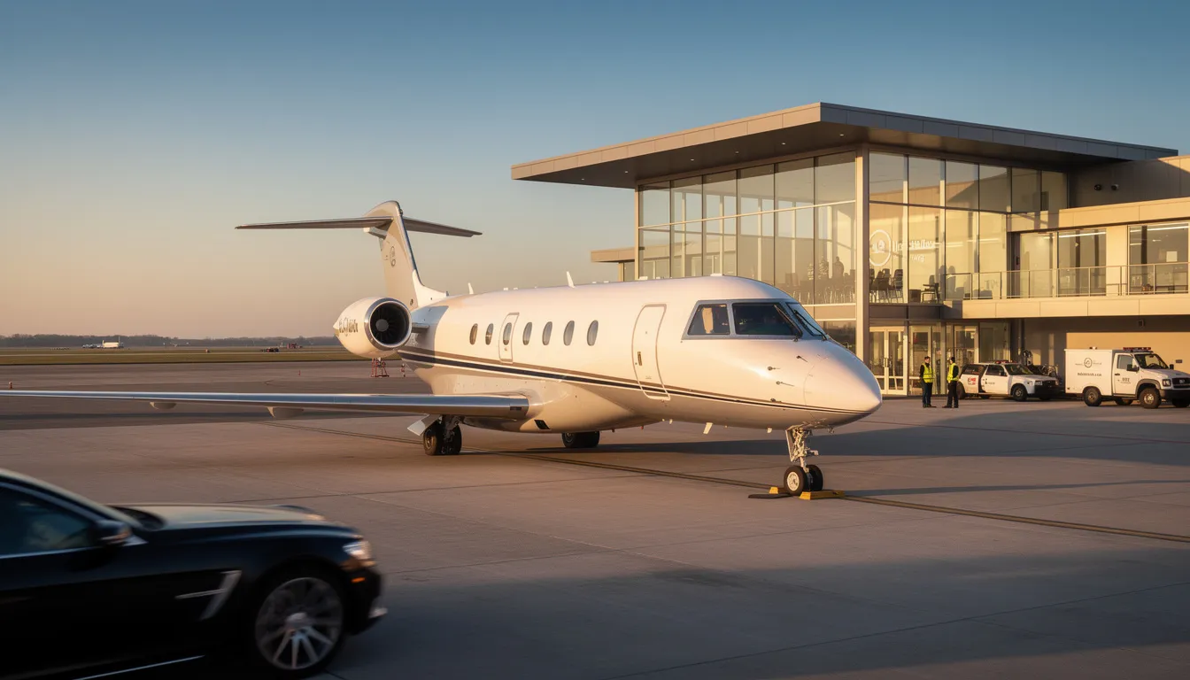 The image depicts a luxurious private jet parked at a sleek airport terminal, symbolizing the world of private aviation. This scene highlights the convenience of private jet programs, showcasing the exclusive access and comfort that notable jet card providers, like Marquis Jet, offer to their clients.