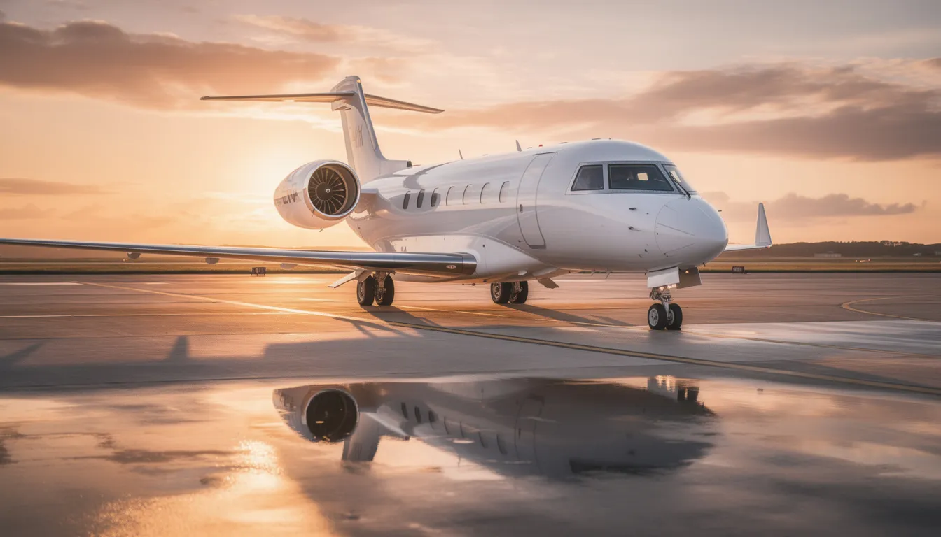 The image depicts a sleek, modern private jet parked at an airport, showcasing the luxurious design typical of private aviation. This aircraft represents the benefits of fractional jet ownership, offering travelers the freedom and flexibility to fly privately without the commitment of whole aircraft ownership.