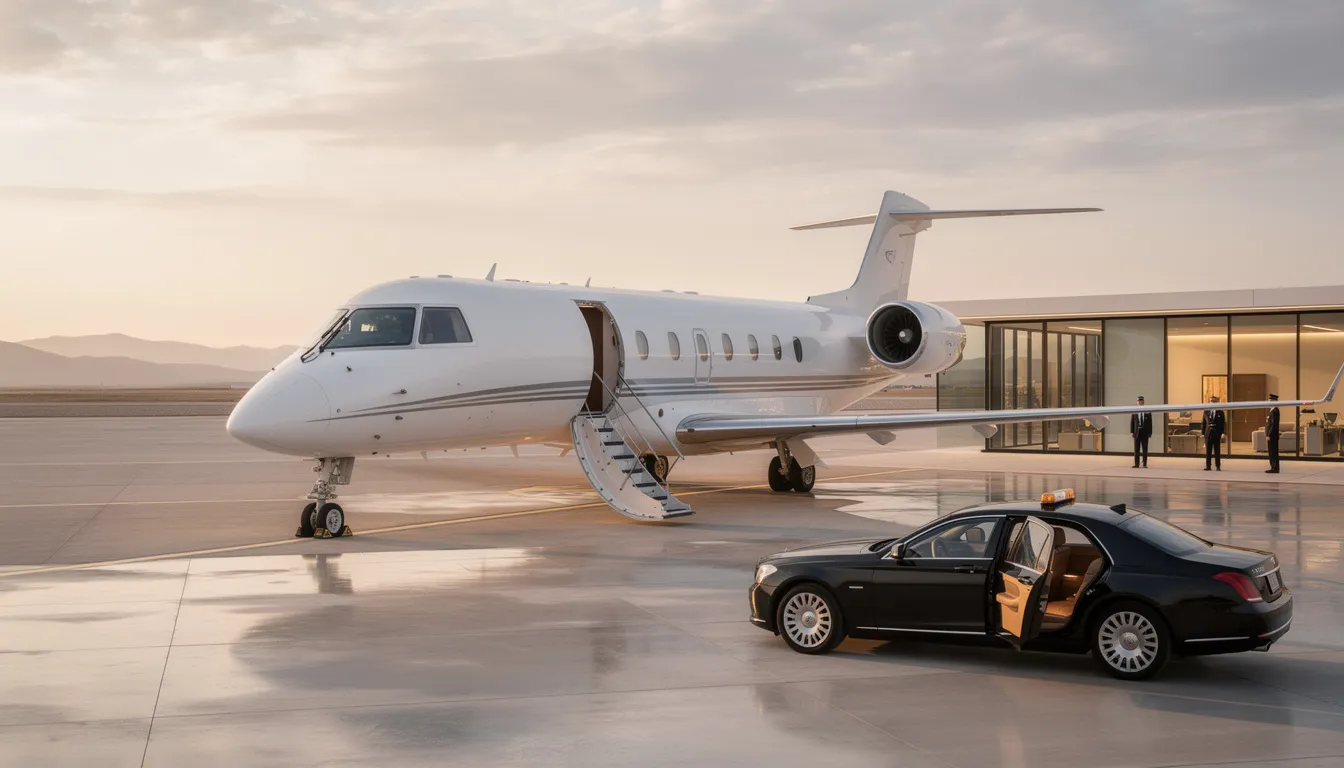 The image depicts a sleek private jet parked at a private terminal, showcasing the luxury and convenience of private aviation. This scene highlights the ease of flying private, with direct access to smaller airports and personalized services for business and leisure travelers alike.