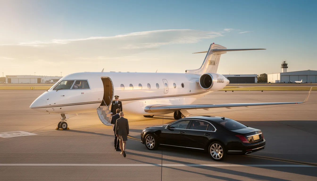 The image depicts a sleek private jet on the tarmac, ready for takeoff, showcasing the luxury and convenience of private aviation. This aircraft represents the benefits of fractional ownership, offering private fliers the freedom and flexibility to travel to their desired destinations without the constraints of commercial airlines.