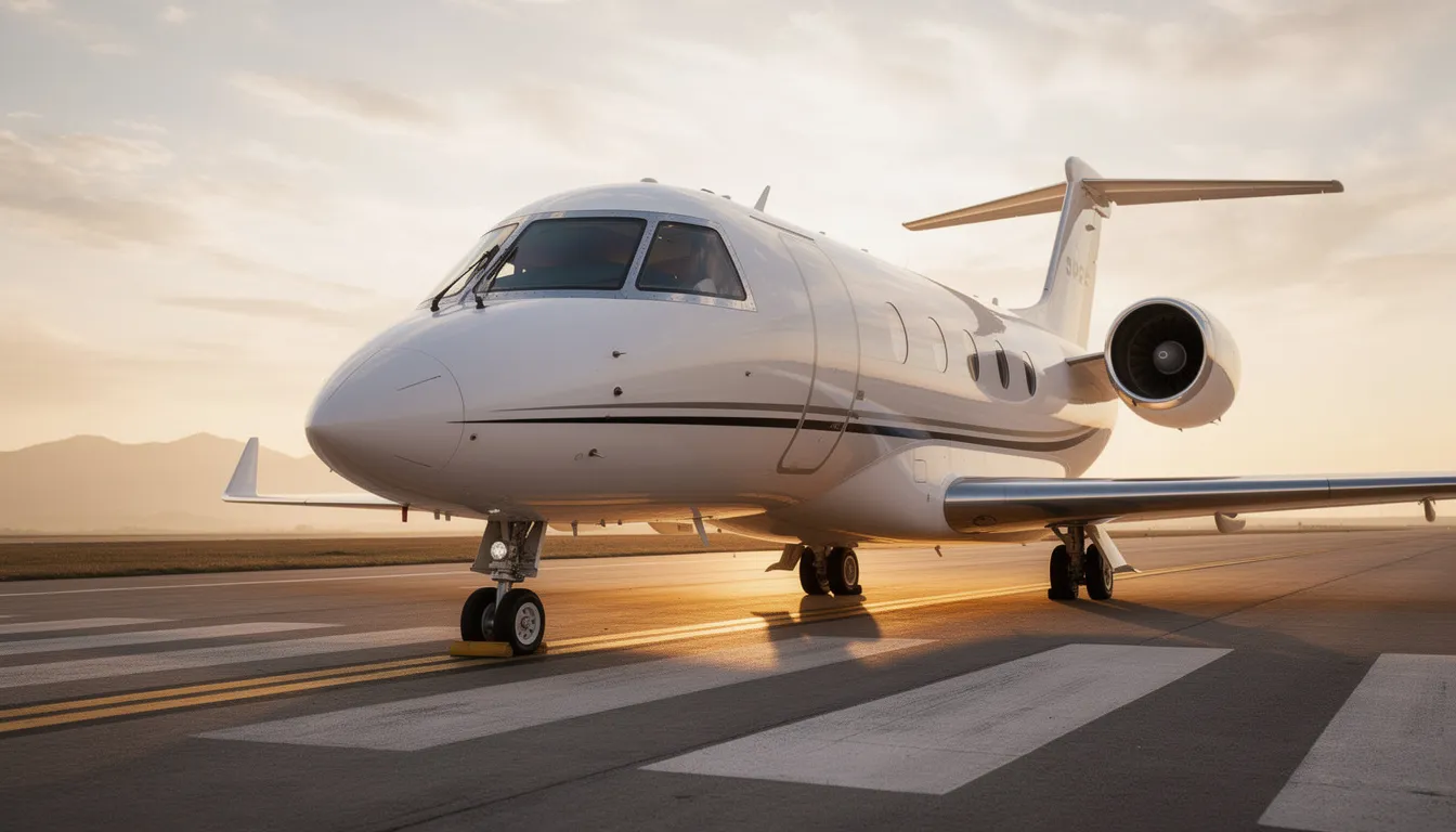 A sleek luxury private jet is parked at a private terminal, showcasing its polished exterior and spacious cabin, ready to offer discerning travelers a premium private jet experience. The scene highlights the convenience of private charter flights, emphasizing the comfort and efficiency of flying private.