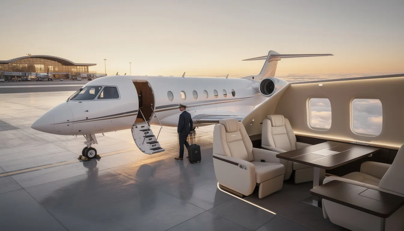 The image depicts a luxurious private jet parked at a private terminal, showcasing the elegance of private aviation. This scene highlights the convenience and comfort of private jet travel, emphasizing the personalized service and seamless access offered by private jet charter services.
