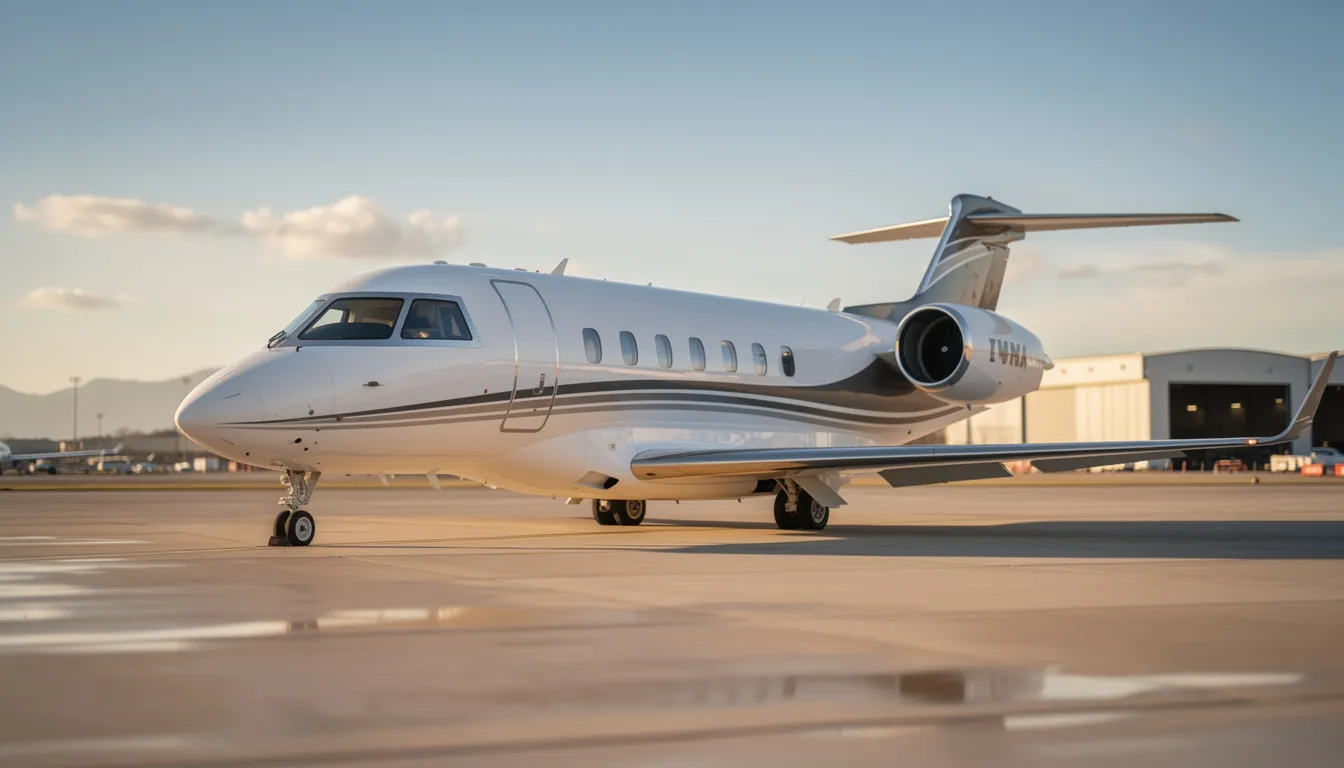 A sleek private jet is parked at a private terminal, showcasing its luxurious design and spacious cabin. This image represents the world of private jet travel, emphasizing the comfort and exclusivity of private jet charter services.