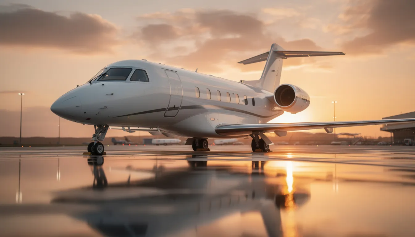 The image features a luxurious private jet parked at a private terminal, showcasing its sleek design and spacious cabin. This private jet represents the epitome of private aviation, offering exclusive charter flights and personalized travel experiences.