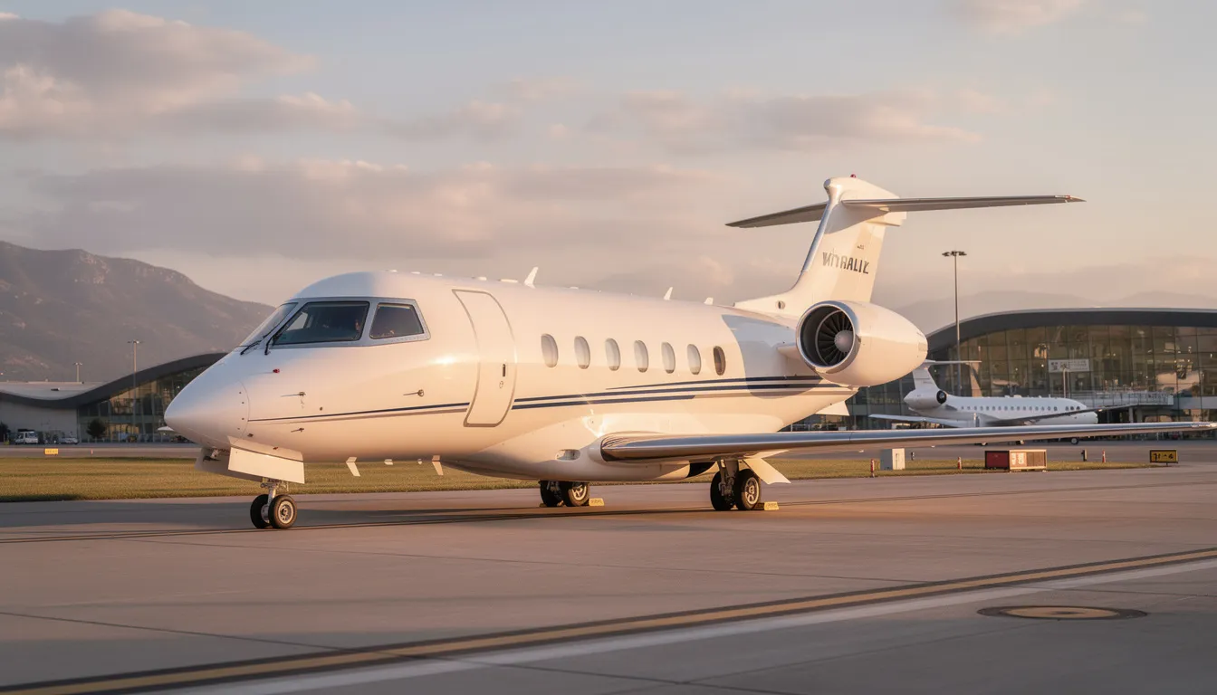 The image features a luxurious private jet parked at a private terminal, showcasing its sleek design and spacious cabin. This private jet represents the epitome of private aviation, offering exclusive charter flights and personalized travel experiences.