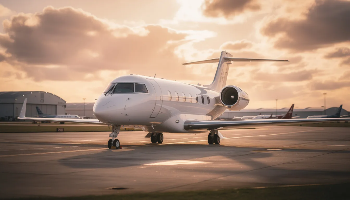 The image depicts a sleek private jet parked on a tarmac, showcasing its elegant design and luxurious features, symbolizing the world of private aviation. This aircraft represents the offerings of private jet companies like NetJets, which provide personalized service and guaranteed access for travelers seeking a flexible and cost-effective solution for private jet travel.