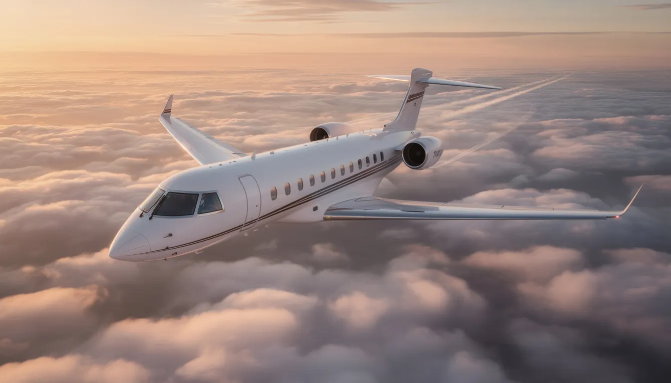 The image showcases a Bombardier Global 5000 private jet, highlighting its luxurious and spacious environment designed for eight passengers. The interior features low mounted cabin windows, blue mood lighting, and a VIP passenger seat, creating an unparalleled flying experience with top-notch safety and exceptional capabilities.