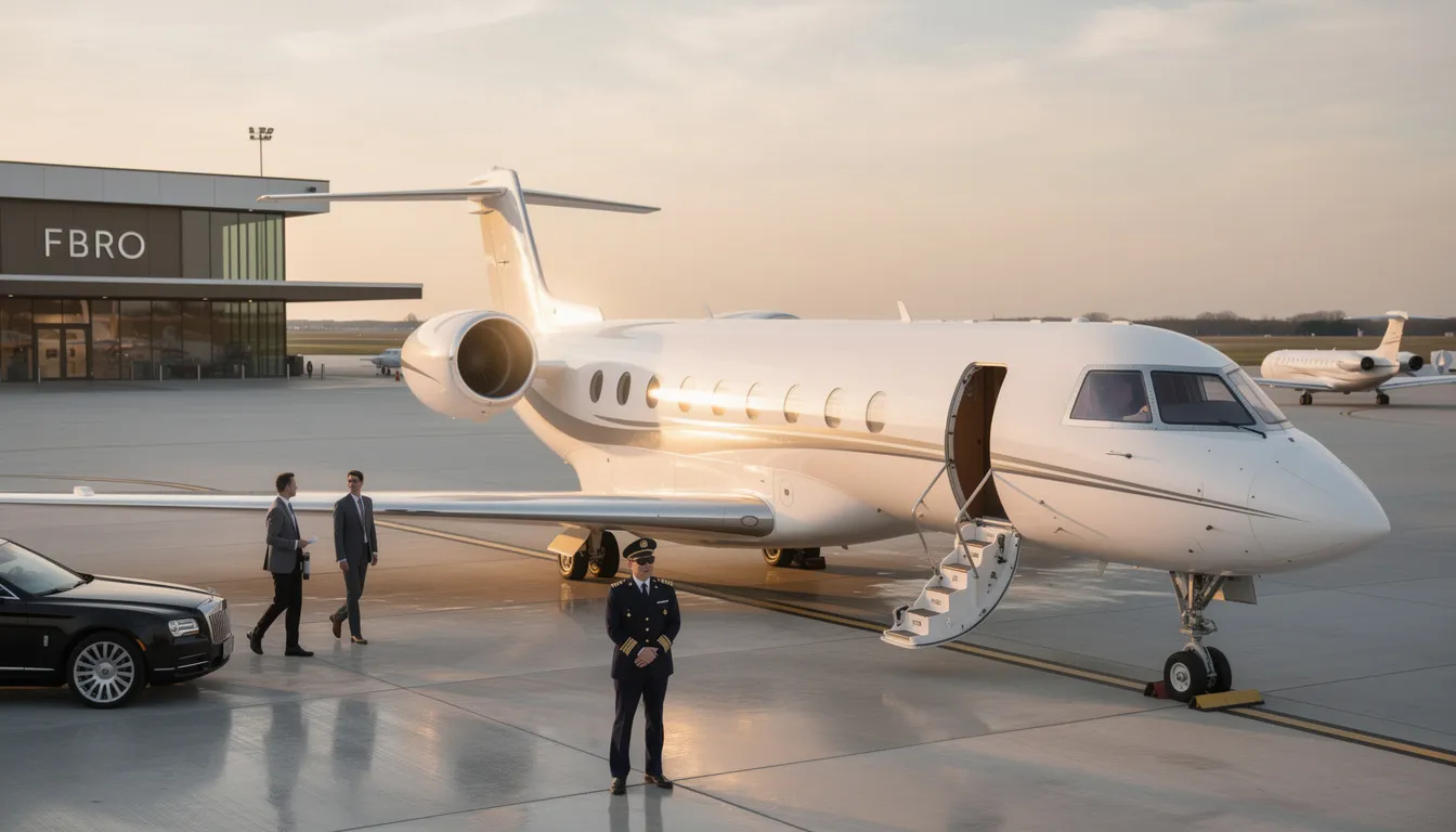 An image depicting a luxurious private jet parked at an airport, showcasing the sleek design and spacious cabin that exemplifies private aviation. This scene highlights the convenience and comfort of private jet travel, ideal for charter flights to destinations like Orlando and beyond.