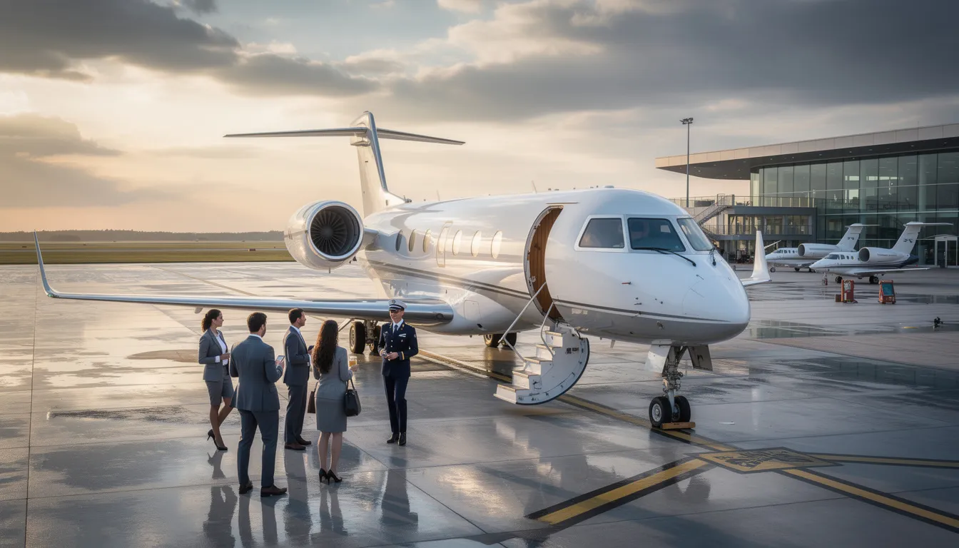 An image depicting a luxurious private jet parked at an airport, showcasing the sleek design and spacious cabin that exemplifies private aviation. This scene highlights the convenience and comfort of private jet travel, ideal for charter flights to destinations like Orlando and beyond.