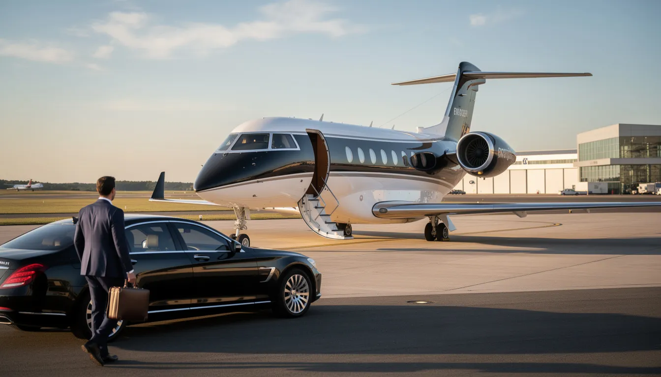 The image depicts a luxurious private jet interior, showcasing spacious cabin space with plush private jet seats arranged for comfort. This setting highlights the unique benefits of private aviation, emphasizing a premium travel experience for passengers flying private.