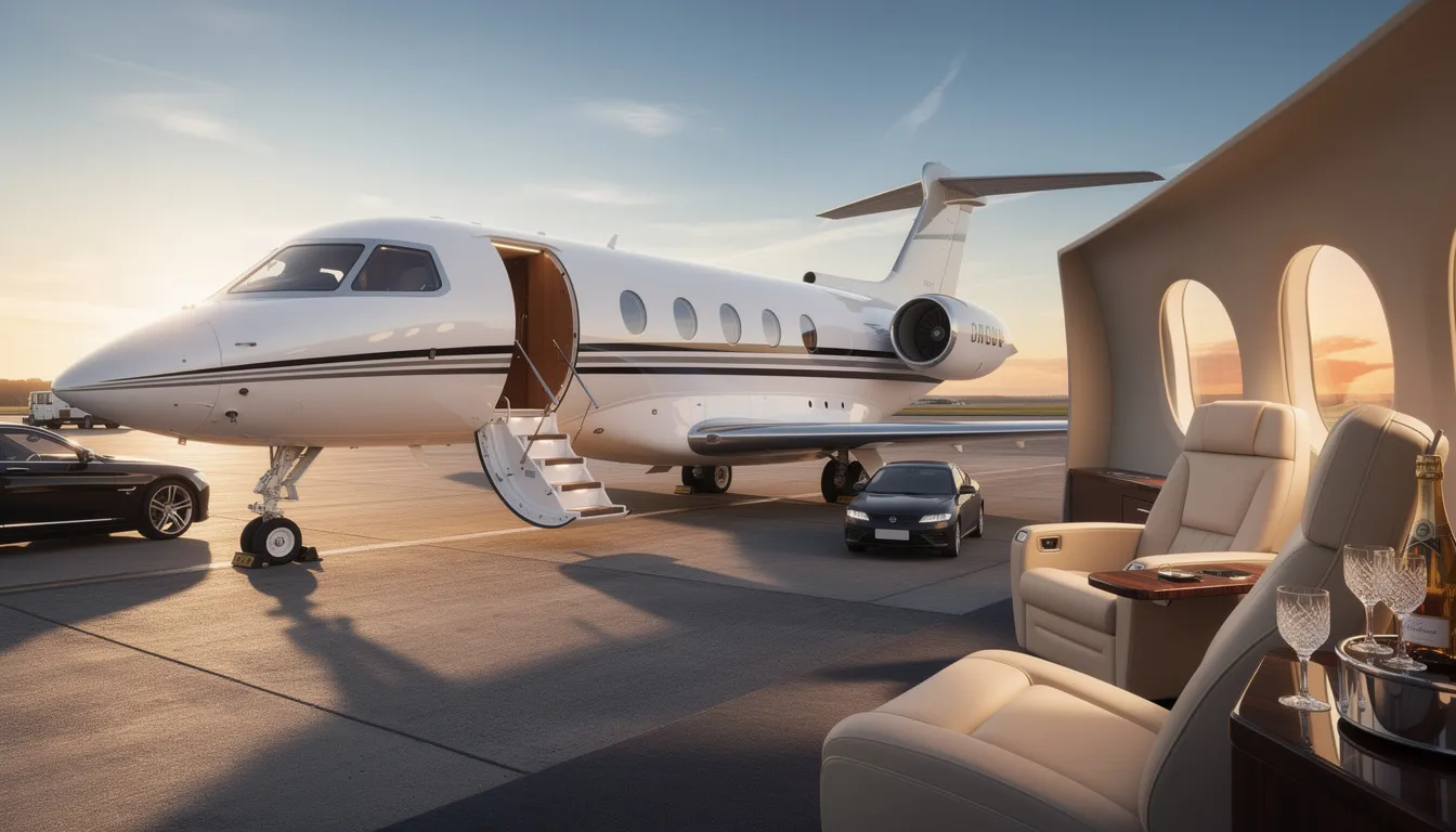 The image showcases a sleek private jet parked on a tarmac, symbolizing the luxury private jet travel experience. It highlights the convenience of private aviation, catering to discerning travelers seeking personalized service and seamless journeys for business meetings or leisure.
