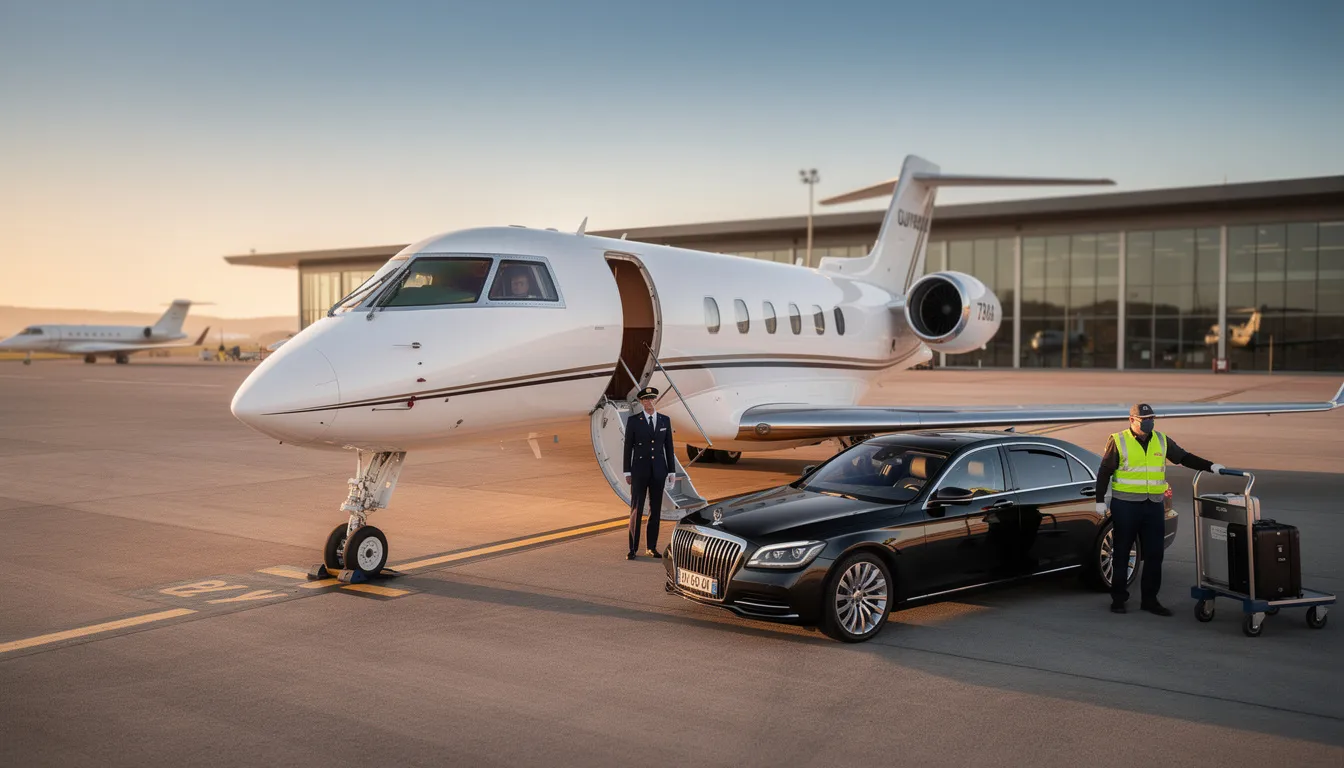 The image depicts a sleek private jet parked at an exclusive airport, illustrating the luxury of private aviation. This private jet charter offers direct access to international destinations in Europe, providing a stress-free experience for both business and leisure travelers.