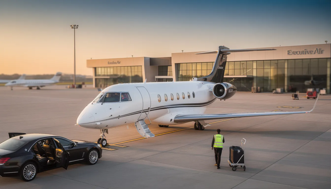 The image depicts a sleek private jet parked on a runway, symbolizing the world of private aviation and its associated emissions. With a focus on private flights, the scene highlights the luxury of private jets while also alluding to the environmental impact of private jet usage and the need for sustainable aviation fuel.