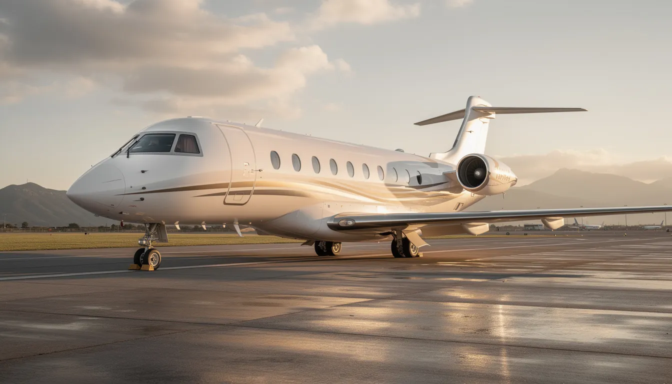 The image depicts a sleek private jet parked at a private terminal, showcasing its spacious cabin and modern design, ideal for private jet charter flights to destinations like Las Vegas. The backdrop features a clear blue sky, emphasizing the luxury and convenience of flying privately.
