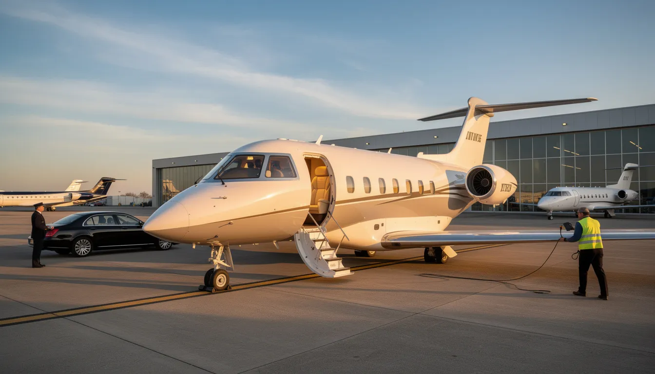 The image depicts a luxurious private jet parked at Los Angeles International Airport, showcasing the sleek design of the aircraft and the high-end amenities offered for a stress-free travel experience. This scene emphasizes the commitment to excellence and personalized service in private aviation, highlighting the convenience of private jet charters for discerning clients.