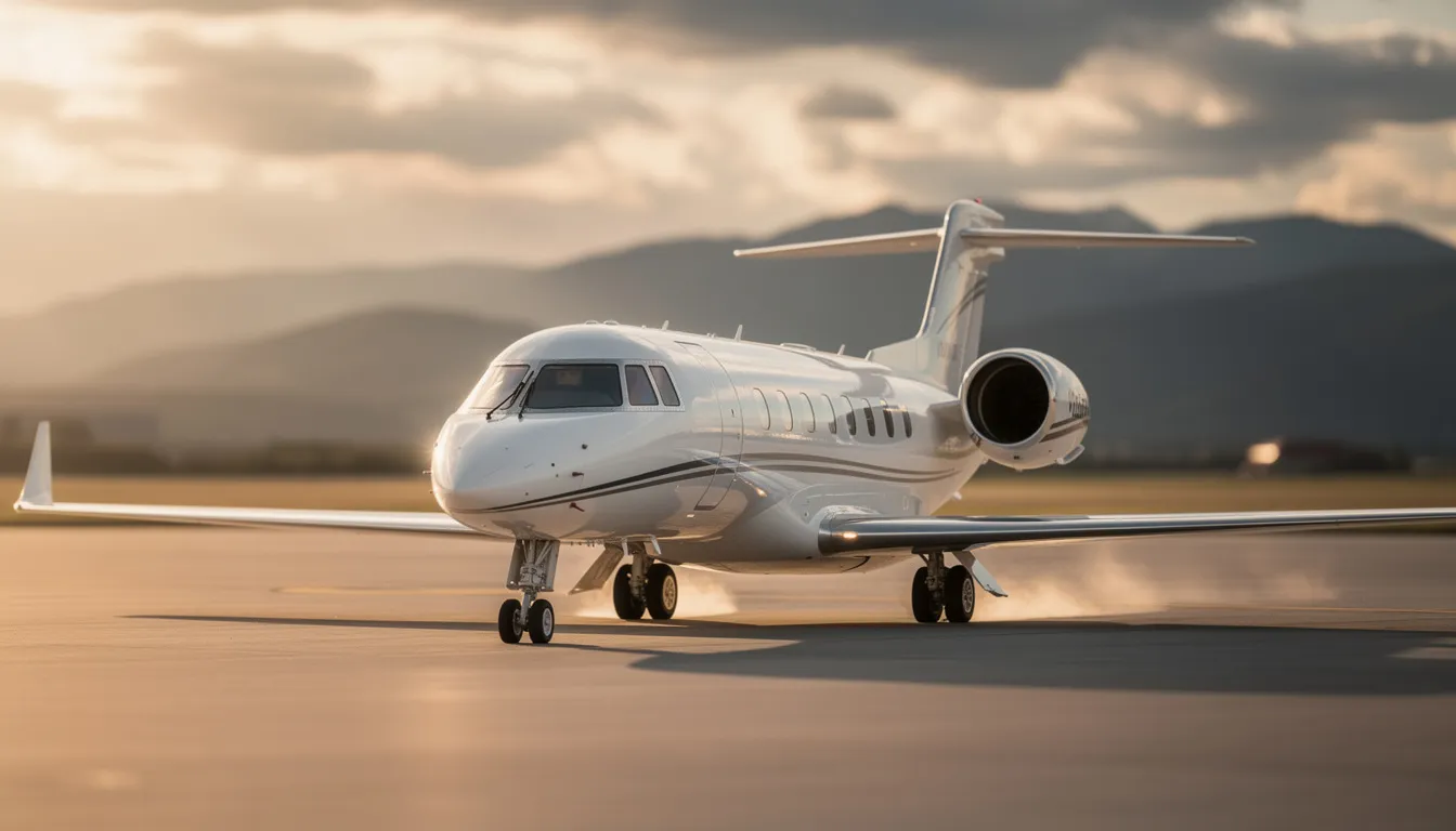 The image depicts a sleek private jet parked at a private terminal, showcasing the luxury and convenience of private jet travel. This aircraft represents the ultimate choice for business and leisure travelers seeking a stress-free travel experience to exclusive destinations.