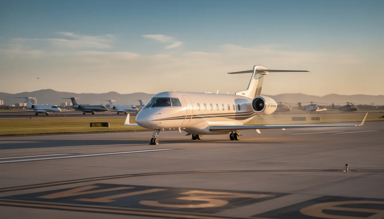 The image depicts a sleek private jet parked at a small airport, highlighting the luxury and convenience of private aviation. This private jet charter offers passengers direct access to popular destinations, ensuring a seamless journey without the long lines associated with commercial airlines.
