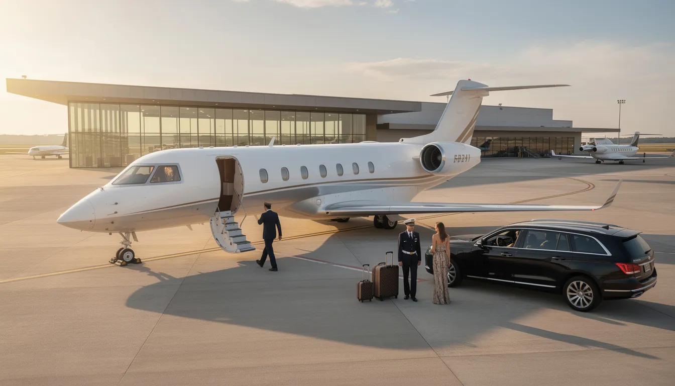 The image depicts a luxurious private jet parked on a tarmac, showcasing the elegant design and spacious cabin typical of private aviation. This represents the convenience of private jet travel, offering empty leg flights and charter options for those seeking a premium travel experience.