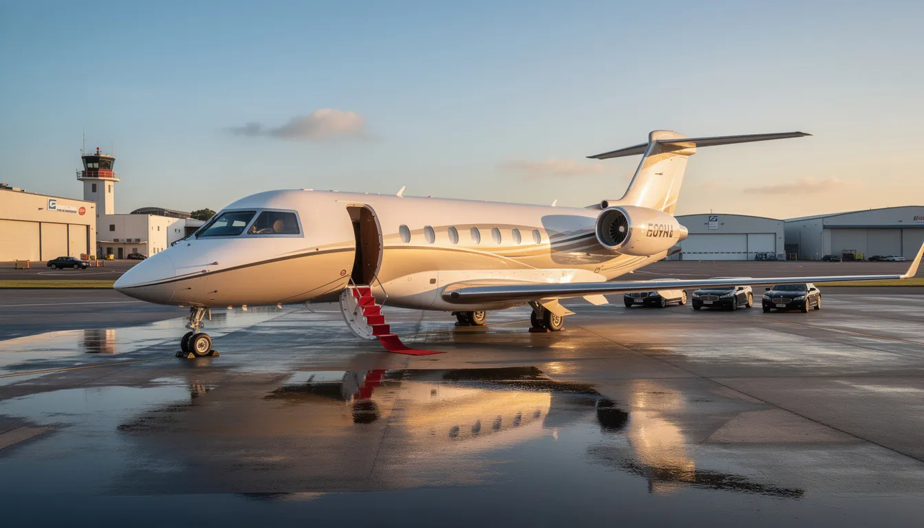The image depicts a luxurious private jet parked on a tarmac, showcasing the elegant design and spacious cabin typical of private aviation. This represents the convenience of private jet travel, offering empty leg flights and charter options for those seeking a premium travel experience.