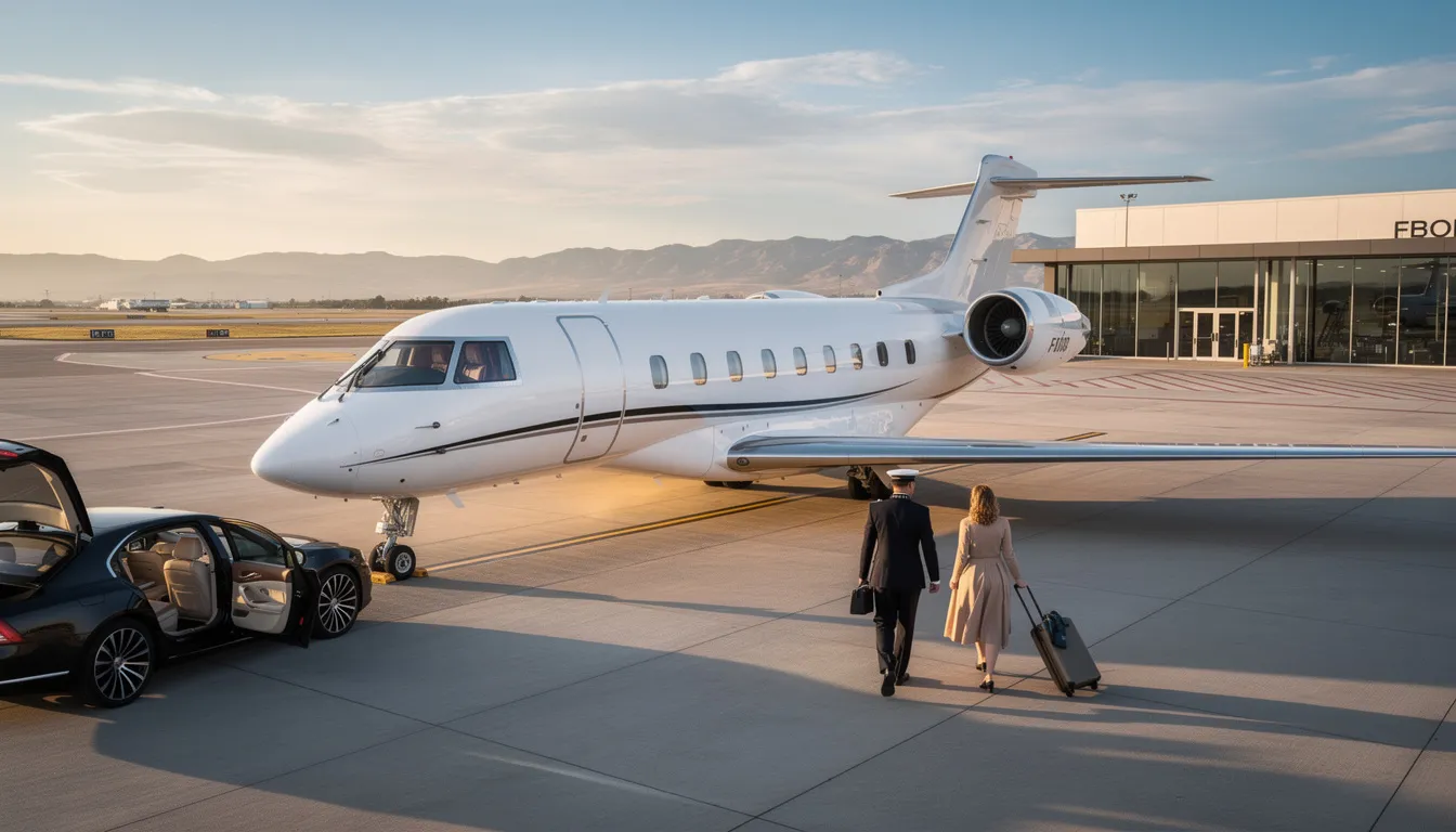 The image depicts a sleek private jet parked at London Luton Airport, showcasing the luxury and convenience of private aviation. In the background, the modern terminal facilities and the bustling atmosphere of travelers embarking on their private jet flights are visible, emphasizing the ease of access and stress-free travel experience.