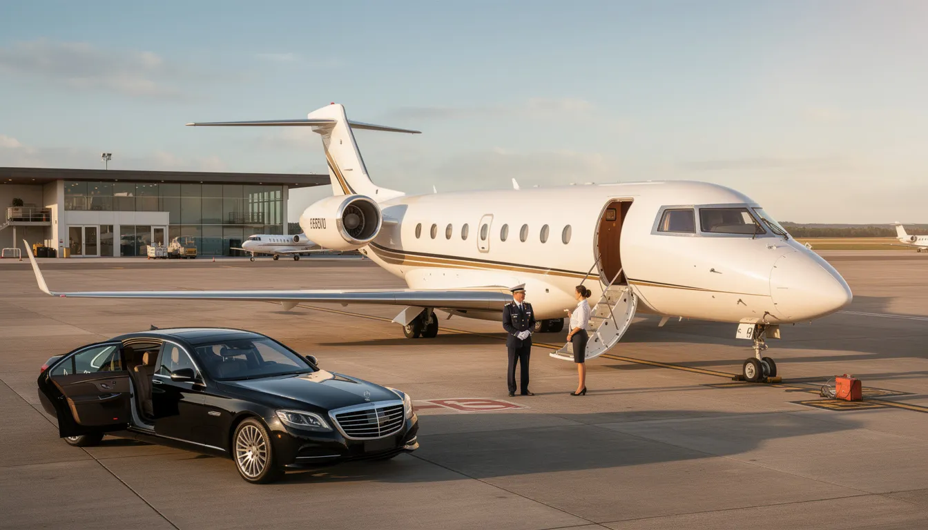 The image depicts a sleek private jet parked at London Luton Airport, showcasing the luxury and convenience of private aviation. In the background, the modern terminal facilities and the bustling atmosphere of travelers embarking on their private jet flights are visible, emphasizing the ease of access and stress-free travel experience.