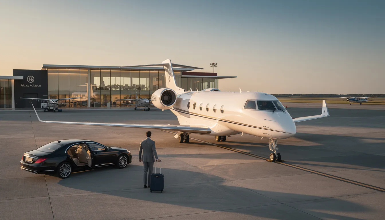 The image depicts a sleek private jet parked at a luxurious airport, symbolizing the world of private aviation and fractional aircraft ownership. This scene highlights the convenience and elegance of luxury travel, showcasing the amenities and services offered by companies like NetJets for business and personal flights.