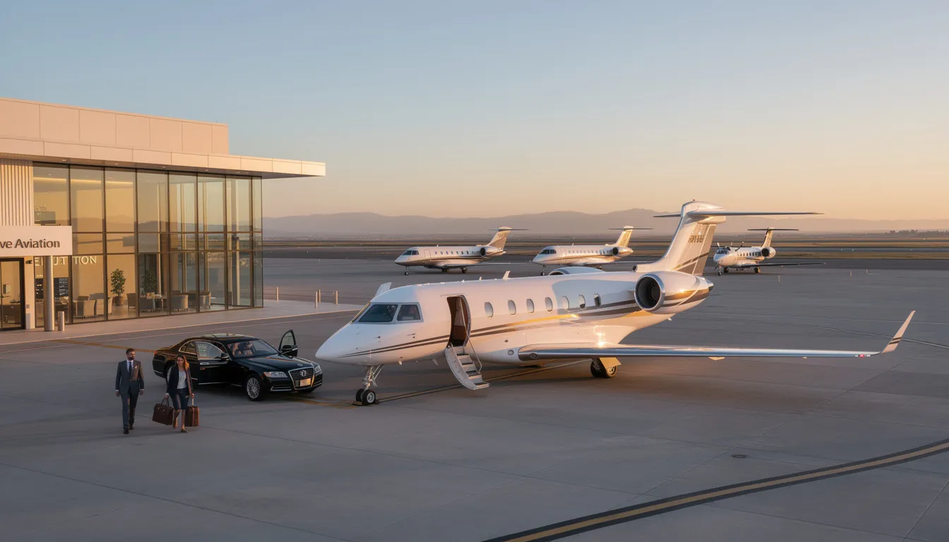 The image showcases a sleek private jet parked at a private terminal, ready for passengers embarking on a luxurious journey. This represents the convenience and efficiency of private jet travel, emphasizing tailored services and flexible scheduling for both business and leisure travel.