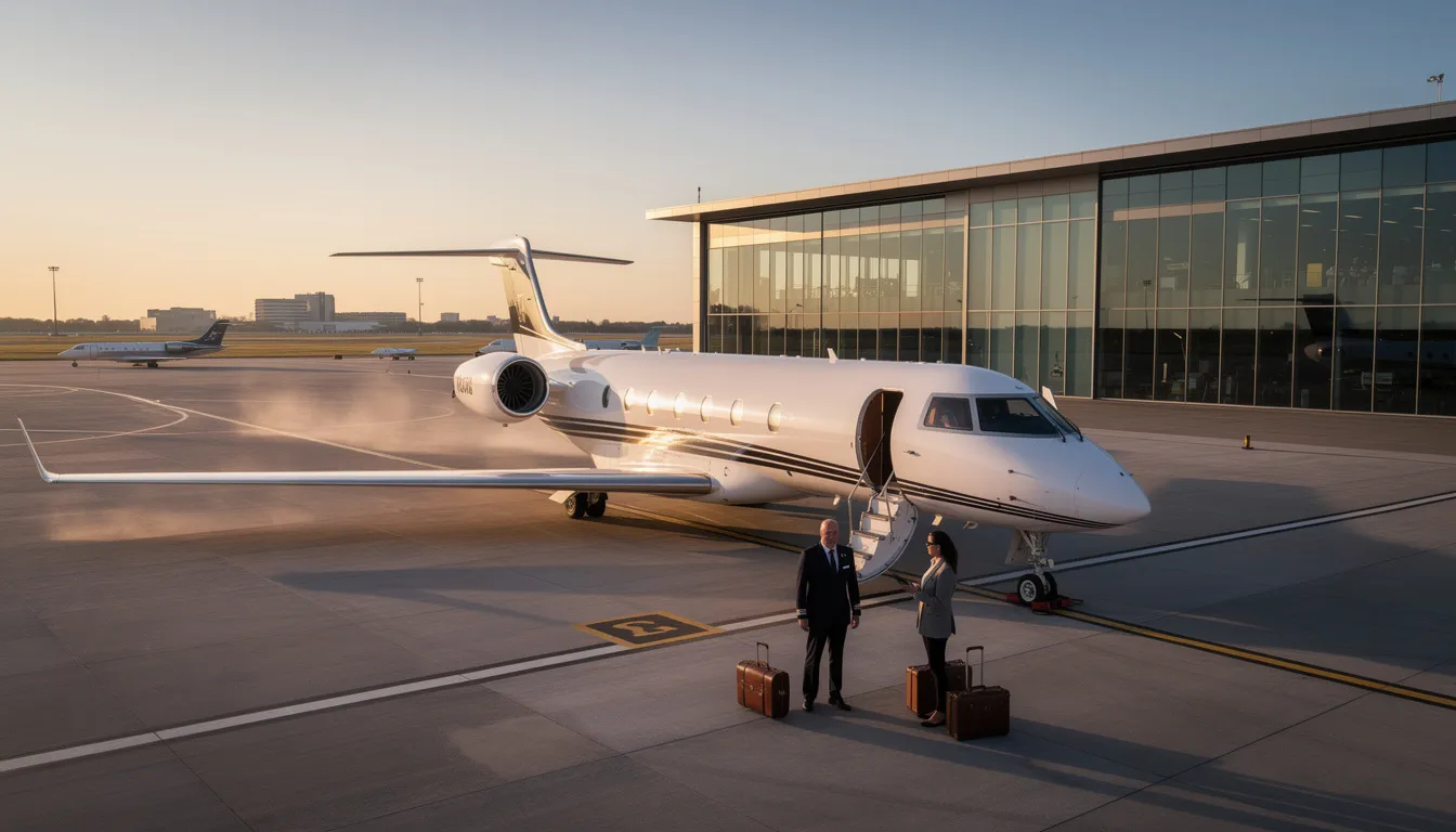 The image showcases a sleek private jet parked at a private terminal, ready for passengers embarking on a luxurious journey. This represents the convenience and efficiency of private jet travel, emphasizing tailored services and flexible scheduling for both business and leisure travel.