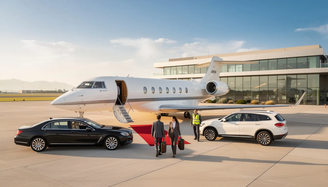 The image depicts a sleek private jet parked at a small airport, symbolizing the luxury and convenience of private aviation. This aircraft represents the high-end travel options available for passengers seeking quick access to various destinations, including domestic flights offered by companies like Nextjet Airlines.