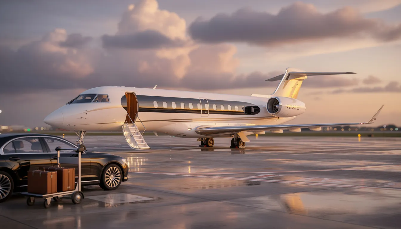 The image showcases a luxurious private jet, symbolizing premium private jet experiences offered by flyexclusive. The aircraft is designed for comfort and efficiency, representing the company's commitment to operational control and safety in private aviation.
