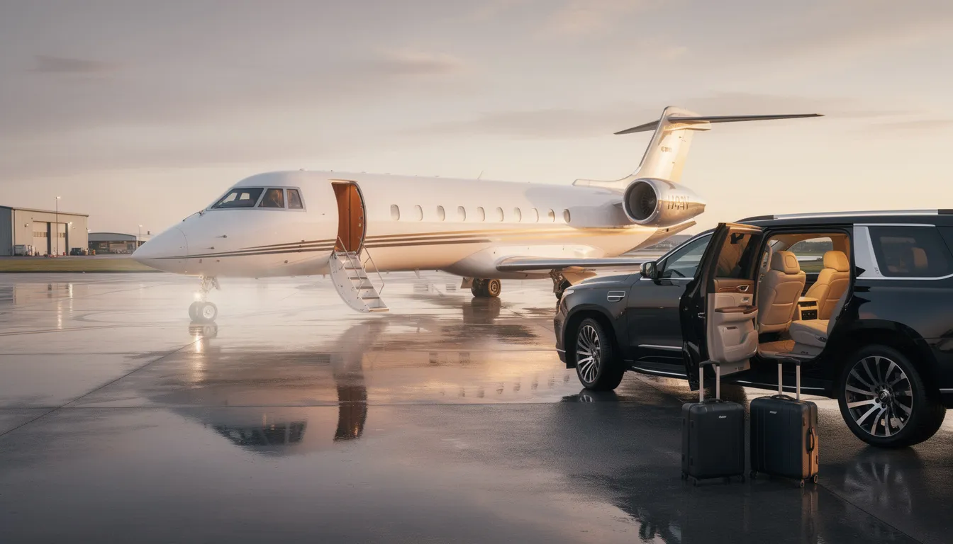 The image showcases a luxurious private jet parked at Long Beach Airport, representing a boutique aircraft charter operator that guarantees exceptional service for both leisure and business travel. The scene highlights a dedicated charter department ready to assist with personalized travel services, including gourmet catering and ground transportation arrangements for an outstanding experience.