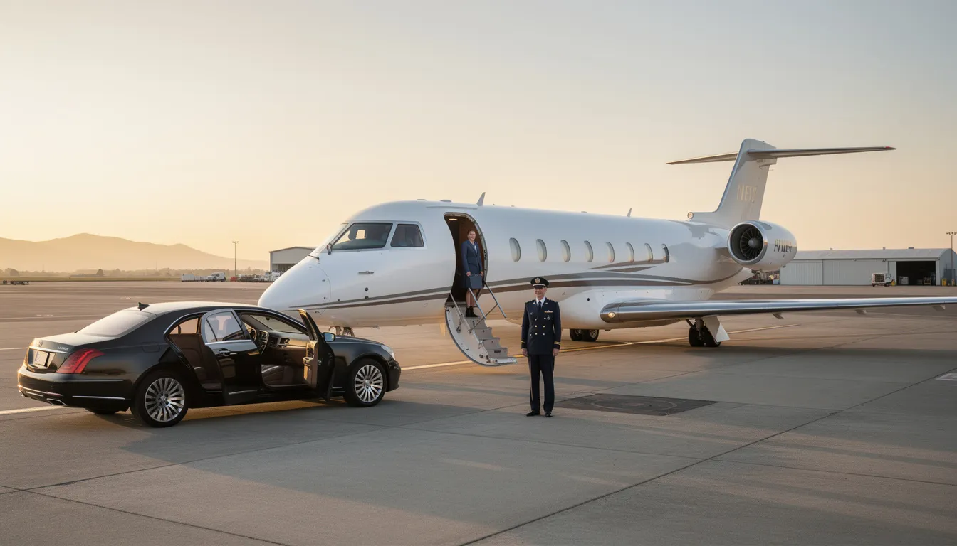 The image showcases a luxurious private jet parked at Long Beach Airport, representing a boutique aircraft charter operator that guarantees exceptional service for both leisure and business travel. The scene highlights a dedicated charter department ready to assist with personalized travel services, including gourmet catering and ground transportation arrangements for an outstanding experience.