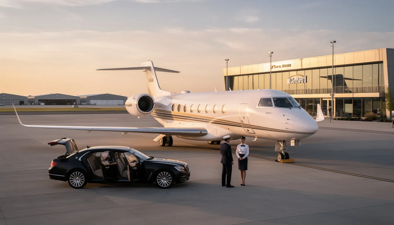 The image showcases a luxurious private jet parked at Long Beach Airport, representing a boutique aircraft charter operator that guarantees exceptional service for both leisure and business travel. The scene highlights a dedicated charter department ready to assist with personalized travel services, including gourmet catering and ground transportation arrangements for an outstanding experience.