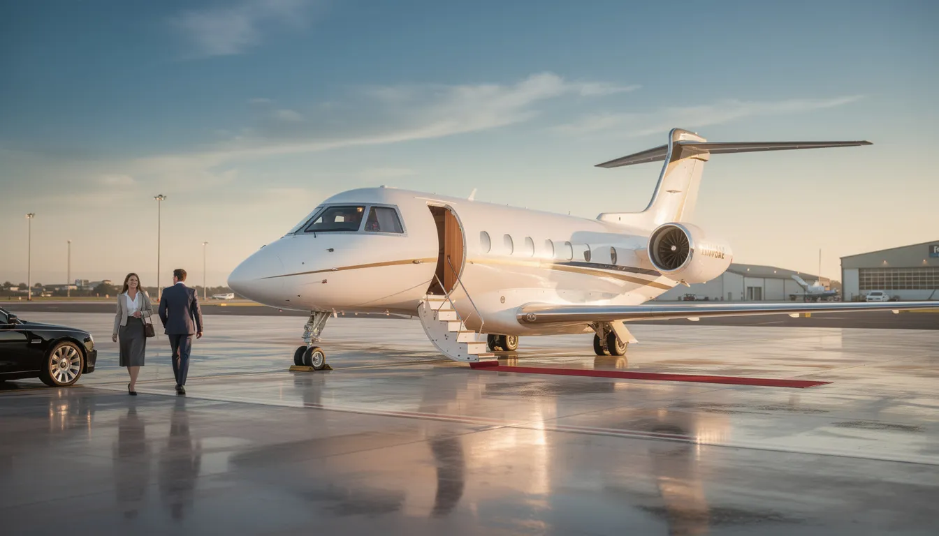 The image depicts a sleek private jet parked at a private terminal, symbolizing the luxury and convenience of private aviation. This setting highlights the benefits of private jet travel, offering discerning travelers a seamless alternative to commercial flights with personalized service and time savings.