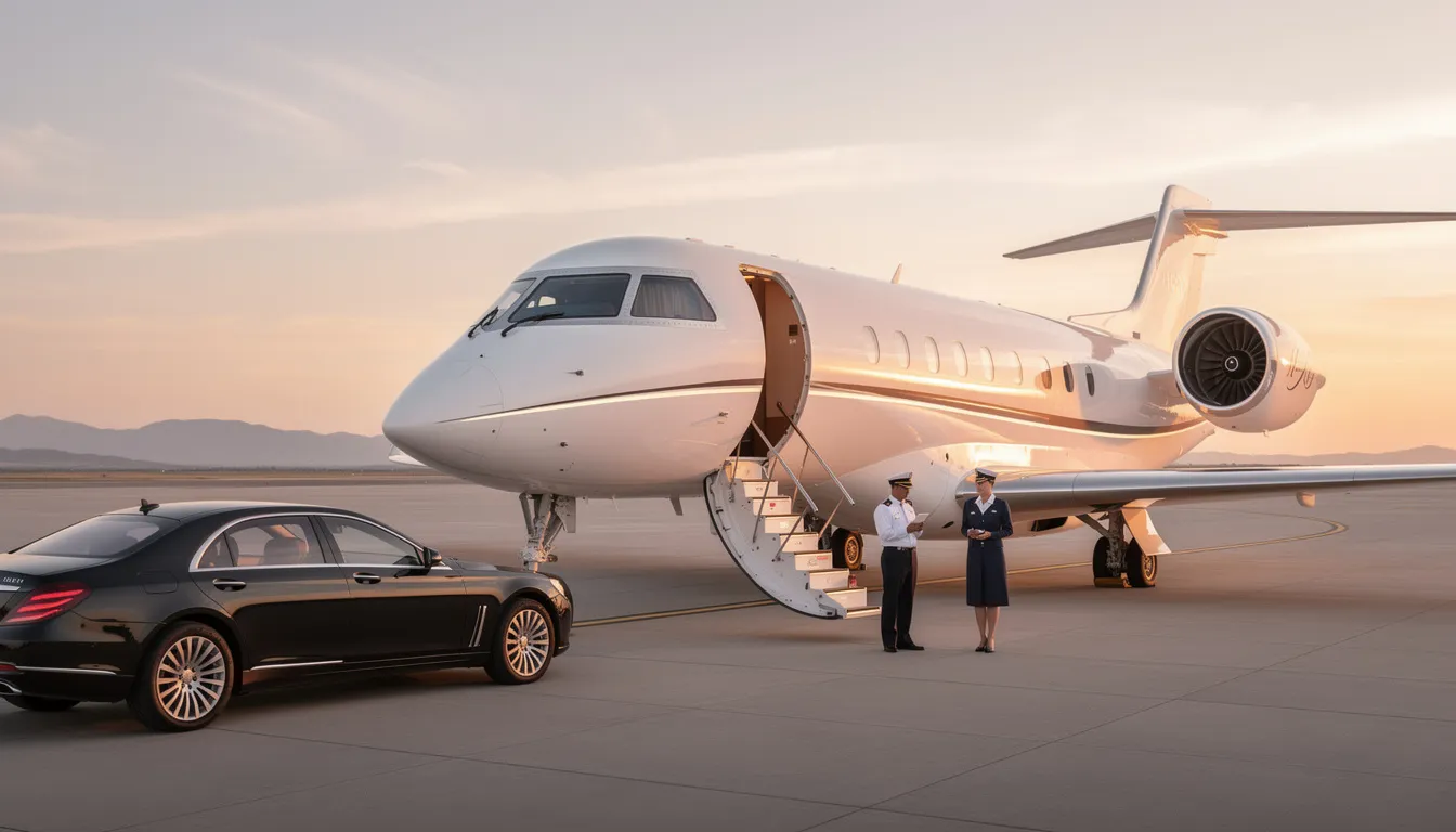 The image depicts a sleek private jet parked at a private terminal, symbolizing the luxury and convenience of private aviation. This setting highlights the benefits of private jet travel, offering discerning travelers a seamless alternative to commercial flights with personalized service and time savings.